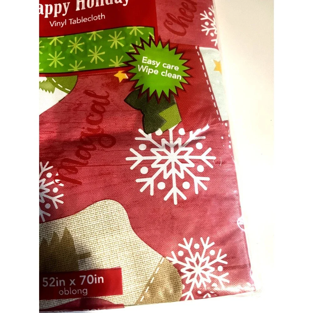 Christmas Stocking Snowflakes Vinyl Tablecloth Flannel Backed Holiday 52x70